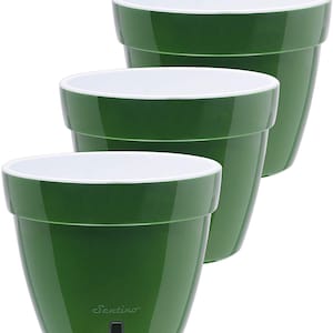 May include: Set of three green plastic plant pots with white rims. The smallest pot has the word "Santino" printed on the front.
