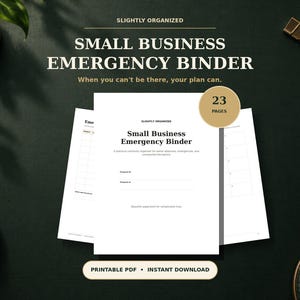 Op de afbeelding: Een printbaar Small Business Emergency Binder PDF-document met 23 pagina's. De voorpagina toont de titel Small Business Emergency Binder, een ondertitel en lijnen voor prepared by en prepared on informatie in zwarte tekst op wit papier.