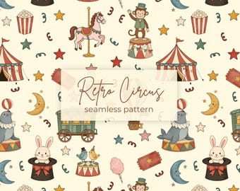 Retro Circus Seamless Pattern, Vintage Carnival Digital Paper, blanket png pattern (Instant Download)