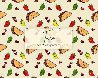 Seamless Taco pattern with hearts png, Repeat Tex-Mex pattern, Commercial use, Instant Digital Download