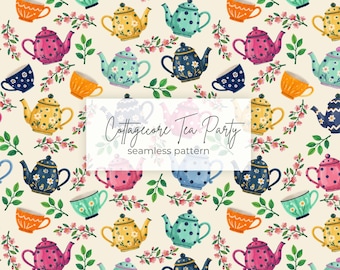 Cottagecore Tea Party Seamless Pattern | Floral Teapot Digital Paper (PNG JPG)