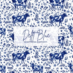 Delft Blue Cow Seamless Pattern | Dutch Farmhouse Toile Design (Digital Download)