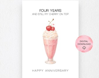 4th Wedding Anniversary Card, Cherry Milkshake, Fruit Anniversary Printable (Digital Download)