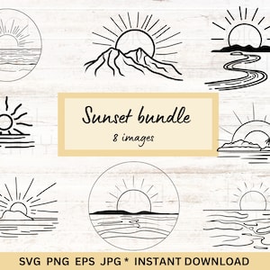 Sunset svg bundle line art. 8 different clipart sun designs, commercial use, sublimation, cut files. Digital download, eps, svg, png, jpg.