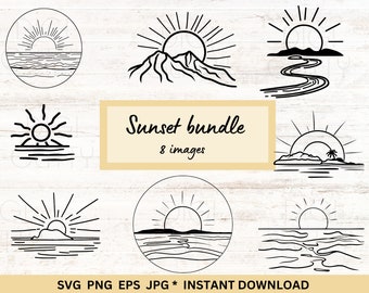 Arte de línea de paquete svg al atardecer. 8 diseños de sol de imágenes prediseñadas diferentes, uso comercial, sublimación, archivos cortados. Descarga digital, eps, svg, png, jpg.
