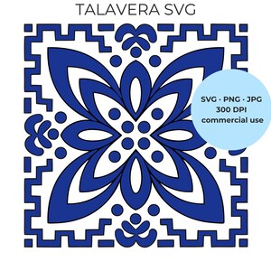 May include: A square Talavera SVG graphic featuring a symmetrical blue and white floral pattern with a geometric border. The text TALAVERA SVG appears at the top, and a light blue circle contains the text SVG PNG JPG 300 DPI commercial use.