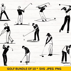 Golf SVG Bundle de silhouettes de golfeur, Cricut et Silhouette Cut Files, pack de 10 fichiers png de golf, téléchargement instantané, Sports Vector