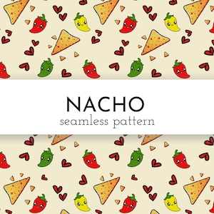 May include: A seamless pattern featuring cartoon nachos, peppers, and hearts. The pattern is on a light beige background. The text "NACHO seamless pattern" is written in black at the center of the image.