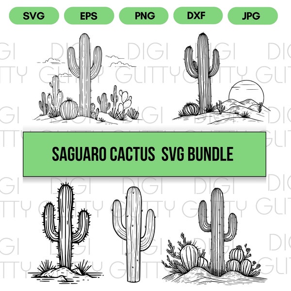 Saguaro Cactus SVG Bundle, Set of 5 Minimalist Line Art Vector Designs, Digital Download png, eps, dxf