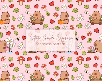 Pink Cottage Garden Capybara Seamless Pattern (Digital Download)