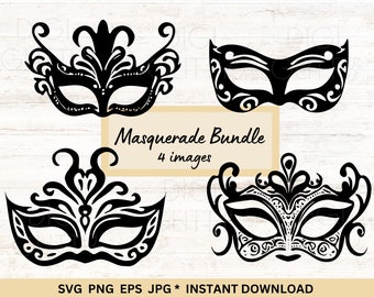 Masquerade svg mask bundle, 4 archivos cortados, diseños de máscaras de carnaval, descarga directa, uso comercial, png, jpg, eps
