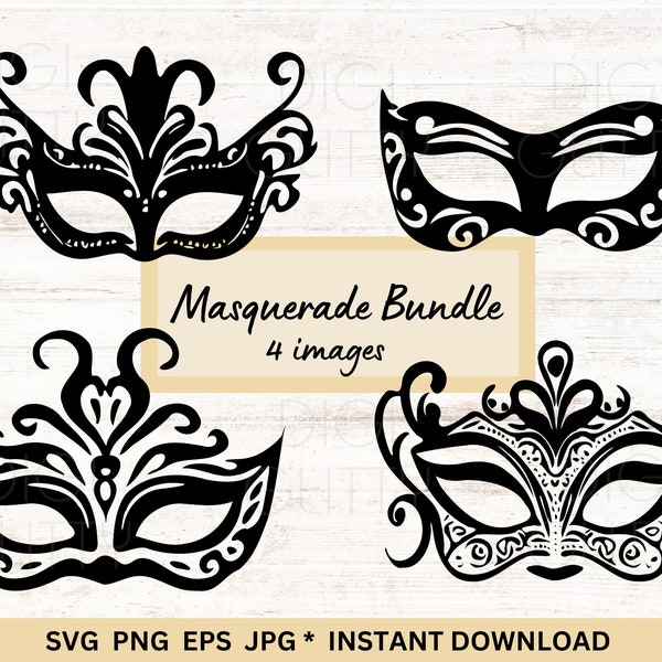Masquerade svg mask bundle, 4 cut files, carnival mask designs, direct download, commercial use, png, jpg, eps