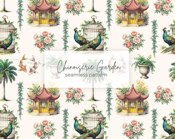 Chinoiserie Garden Seamless Pattern | Vintage Botanical Print (Digital Download)