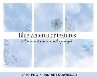 Blue Watercolor Texture Digital Paper Bundle, Floral Pastel Designs (Digital Download)