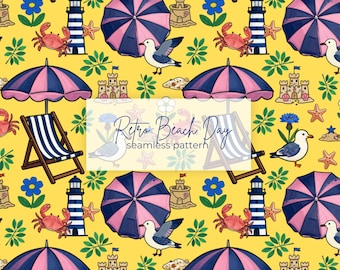 Retro Beach Day Seamless Pattern, Navy Pink Coastal Fabric Design (Digital Download)