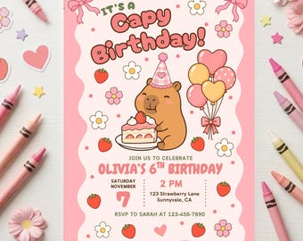 Zaproszenie urodzinowe z kapibarą | Kawaii pastelowy różowy szablon na płótnie z truskawkami