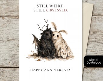 Gothic Anniversary Card, Goth Couple, Weird Watercolor Fantasy Animals, Digital Download
