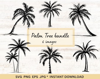 Palmboom SVG bundel, zomer clipart pack met 6 palmboom silhouetten, gesneden bestanden Cricut en silhouet, directe download png, svg, eps, jpg