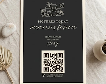 QR Code Sign Template | Black Elegant Wedding Photo Sharing Sign | Editable in Canva | Instant Download