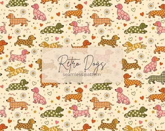 Retro Dog Digital Paper | 70's Boho Seamless Pattern | Blanket PNG pattern Mustard Pink Orange | Instant Download