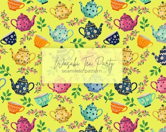 Whimsical Folk Art Tea Party Seamless Pattern | Cottagecore Teapot Repeat Design (Digital Download)