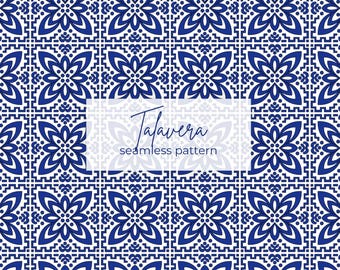 Talavera Seamless Pattern - Blue White Mexican Floral Vector | Commercial use allowed