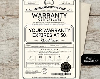 Zabawna kartka urodzinowa z gwarancją na 30. urodziny | Sarkastyczny certyfikat vintage | Wersja cyfrowa do pobrania 5x7