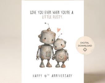 6th Anniversary Card, Iron Anniversary, Funny Watercolor Robots, Printable (Digital Download)
