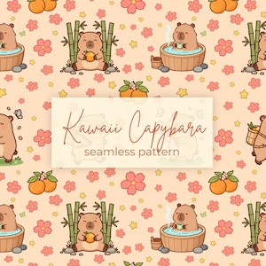 Kawaii Capybara Nahtloses Muster, Pastellfarbene Tiere, Digitales Papier (Sofort-Download)