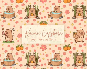 Kawaii Capybara Seamless Pattern, Pastel Animals, Digital Paper (Instant Download)