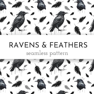 May include: A seamless pattern featuring black ravens and feathers on a white background. The pattern is titled "Ravens & Feathers seamless pattern".
