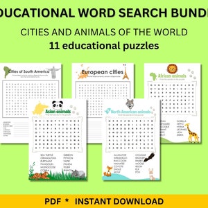 Word Search Printable Puzzle animals and cities of the world | Instant Download, Printable Puzzle Pages for kids, Digital Printable