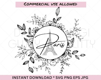May include: Black and white line art illustration of the Eiffel Tower in Paris, France. The tower is surrounded by a wreath of flowers and leaves. The text "Paris" is written in a cursive font.
