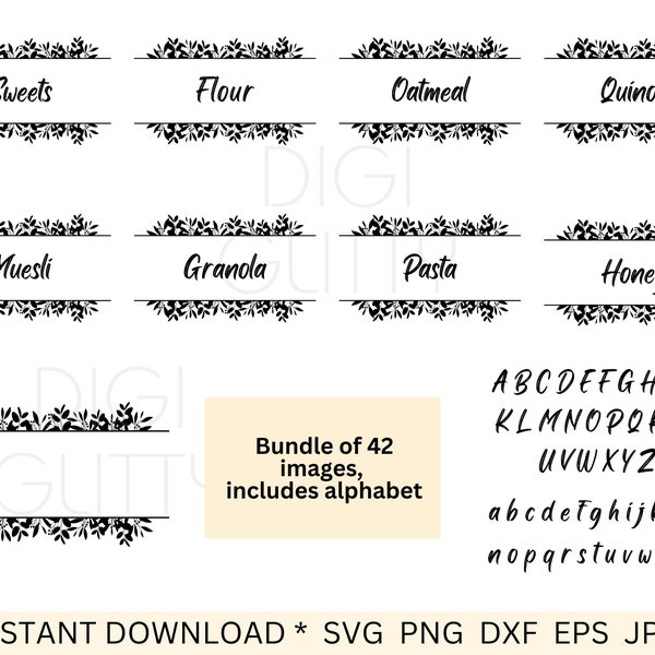 Printable foliage kitchen labels SVG Bundle, Floral pantry ingredient label designs for jars and containers, Cut Files Cricut