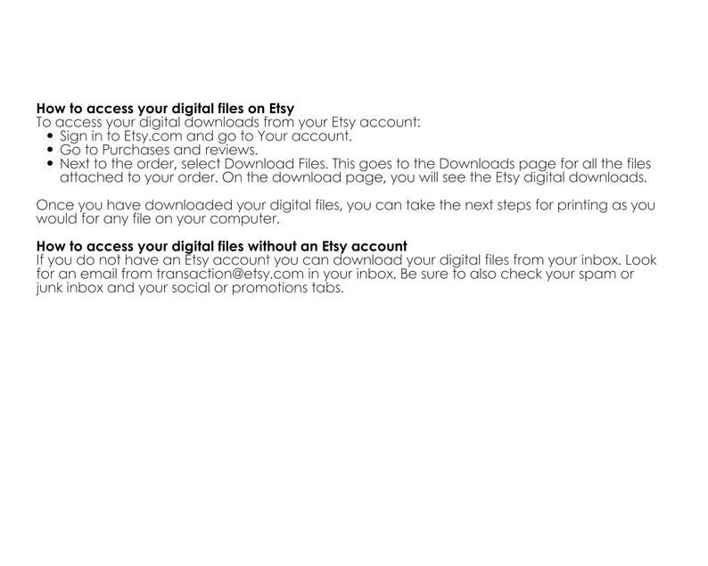 Puede incluir: Instrucciones sobre c&oacute;mo acceder a los archivos digitales comprados en Etsy.com. El texto explica c&oacute;mo descargar archivos desde tu cuenta de Etsy y c&oacute;mo acceder a ellos sin una cuenta de Etsy.