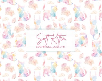 Watercolor Kitten Floral Seamless Pattern | Repeating Design Cats| Blanket PNG pattern | Commercial Use (Digital Download)