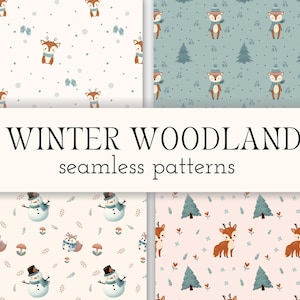 Puede incluir: Cuatro patrones sin costuras con animales y elementos del bosque invernal. Los patrones incluyen un fondo blanco con ciervos marrones, un fondo azul con ciervos marrones con sombreros, un fondo crema con muñecos de nieve y zorros, y un fondo rosa con ciervos marrones y pinos.