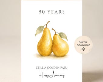 Golden Wedding Anniversary Card, 50th Anniversary, Watercolor Pears, Printable (Digital Download)