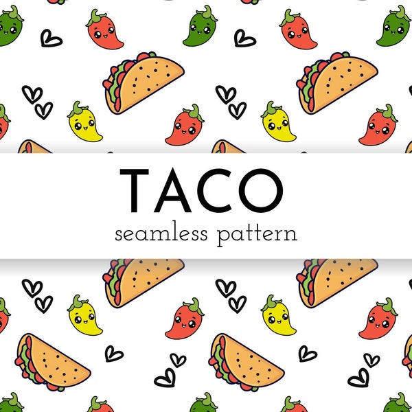 Taco Seamless Pattern png - Chili Peppers and Hearts Design, Digital Download
