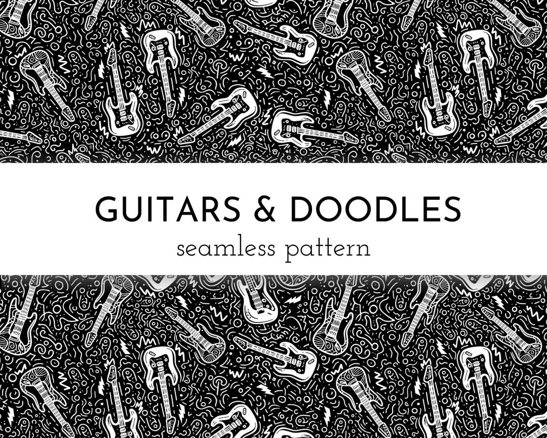 Rock Music Seamless Pattern - Black and White Guitars & Doodles ...