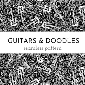 Rockmuziek naadloos patroon - zwart-wit gitaren & Doodles, digitale download png- en jpg-bestanden, commercieel gebruik toegestaan