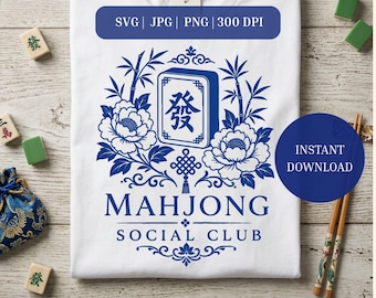 Mahjong Social Club SVG, Navy Blue Chinoiserie Mahjong Design, Commercial Use Included