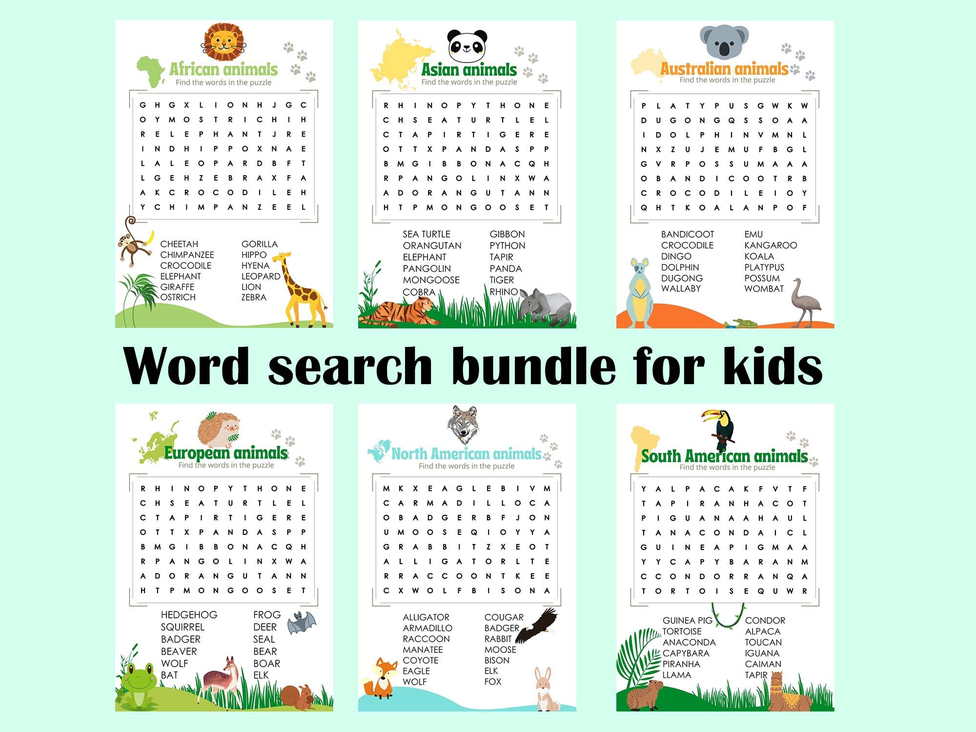 printable word search puzzle bundle of 6 different wordsearch etsy