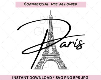 May include: Black and white line art illustration of the Eiffel Tower with the word "Paris" written in a cursive script.