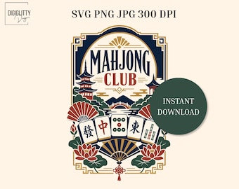 Mahjong Club Vintage Poster SVG, Pagoda Lotus Art (Digital Download)