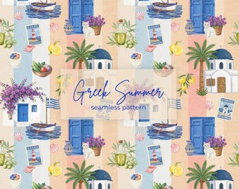 Greek Island Seamless Pattern | Santorini Blue Door, Mediterranean Summer Design (Digital Download)