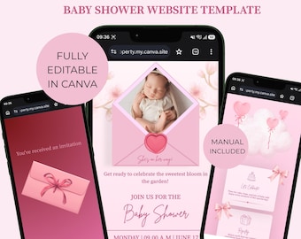 Baby Shower Website Template | Editable Canva Pink Floral Invitation Design | Digital Babyshower Invite Girl
