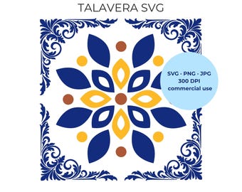 Talavera SVG - Seamless Mexican Tile Pattern, Blue Gold Vector File, Commercial use allowed