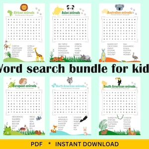 Educational word search puzzle bundle for children: animals of 6 different continents. Printable set of 6 puzzles