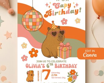 Capybara Birthday Invitation | Groovy Disco Canva Template